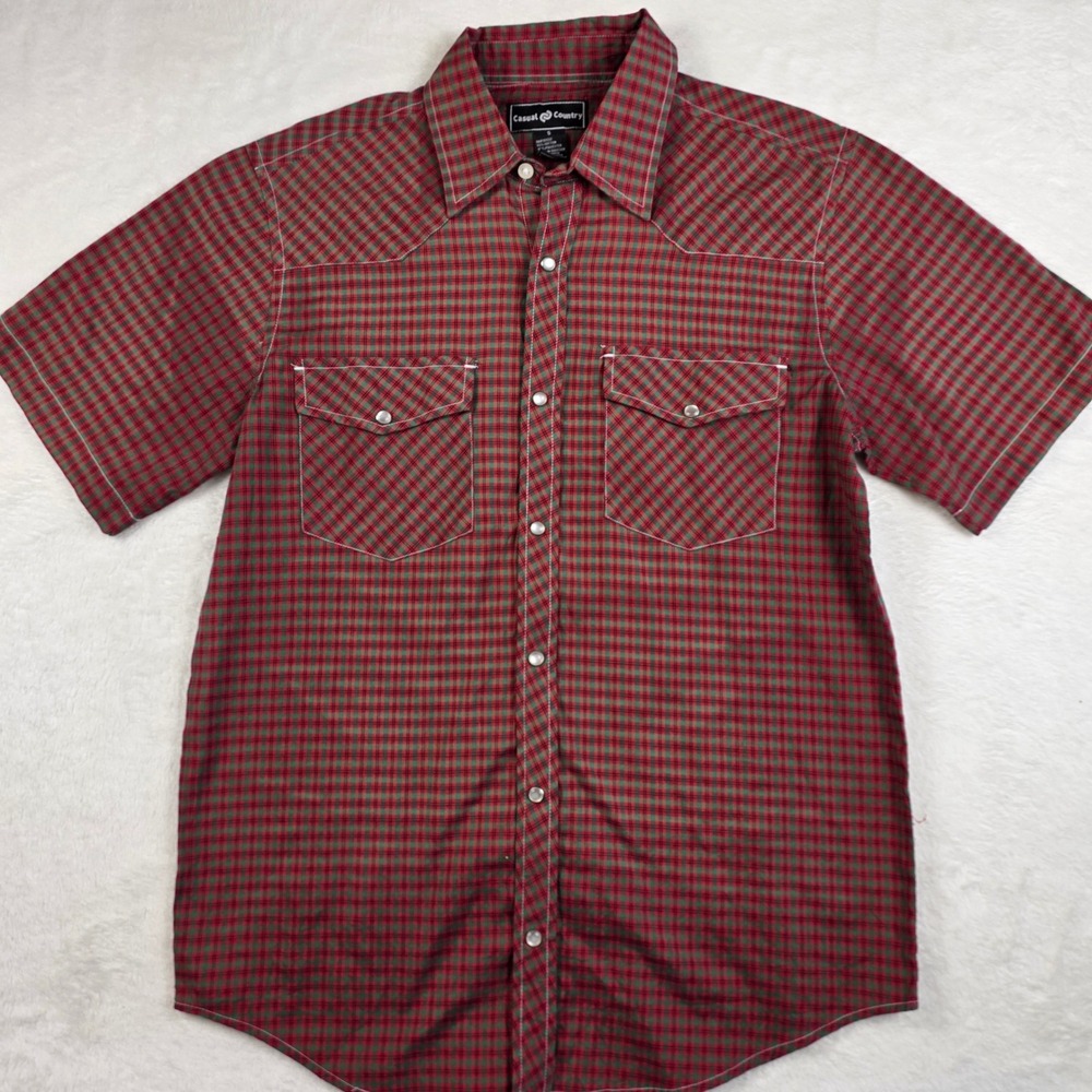 Casual Country Western Shirt Mens Small‎ Red Green Plaid Excellent Pearl Snap